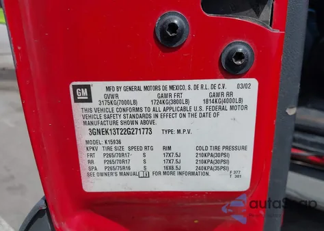 2002 Chevrolet Avalanche 1500 z USA, uszkodzony, nr VIN 3GNEK13T22G271773